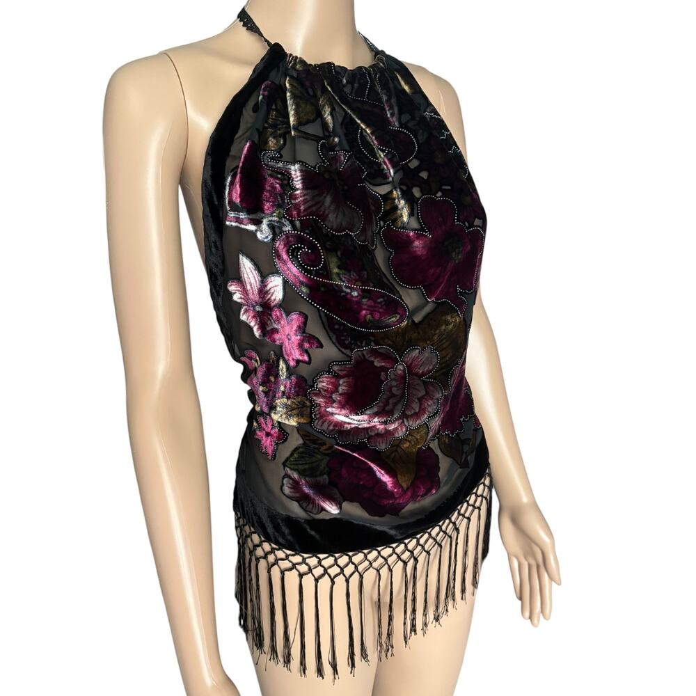 Upcycled Burnout Velvet Halter Top Floral Sheer Fringe Whimsigoth Festival S - Picture 4 of 7